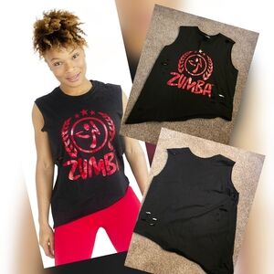 Zumba Fitness Black and Red Assymetrical Muscle Tee